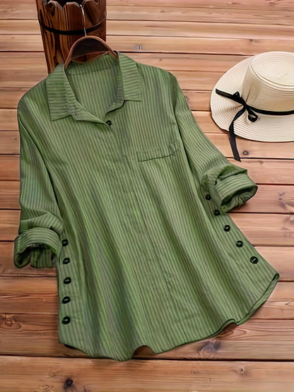 Blusa Lisa con Botones Laterales - Mangas Enrolladas y Ajuste Opaco