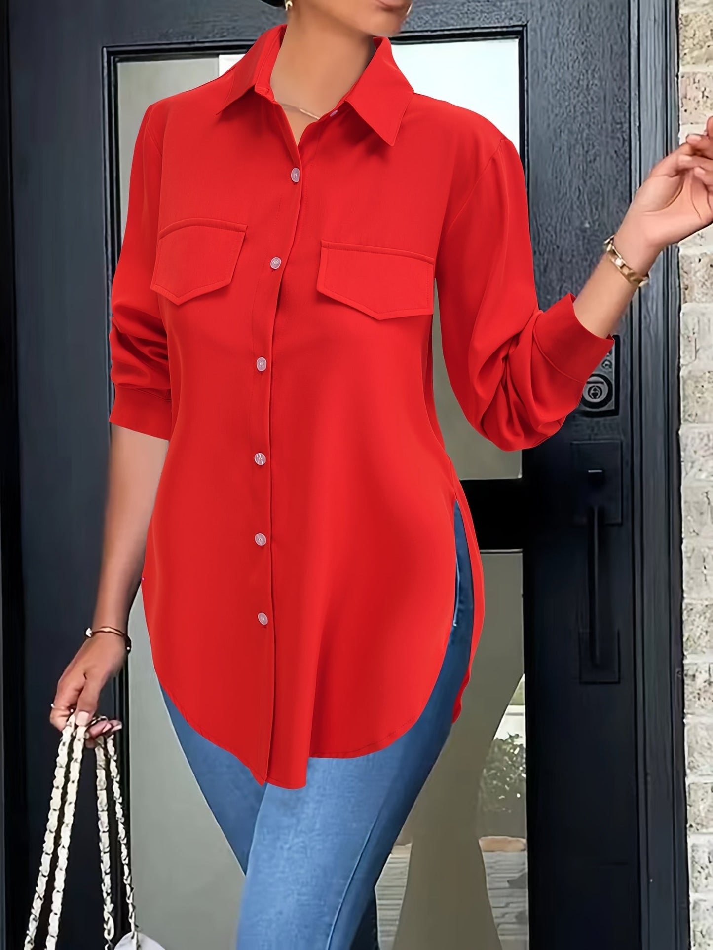 Camisa lisa con botones - Bolsillos falsos y material transpirable