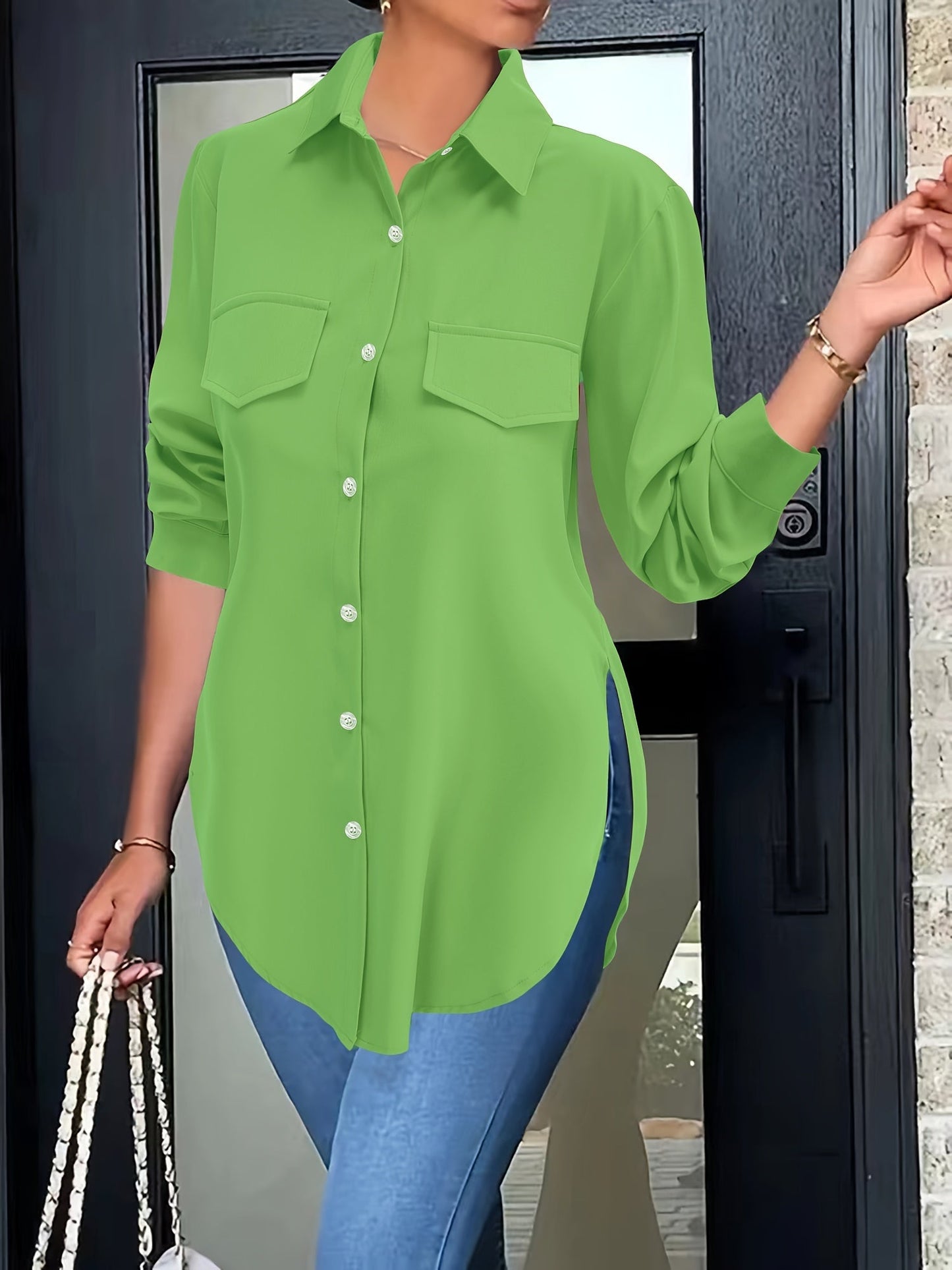 Camisa lisa con botones - Bolsillos falsos y material transpirable