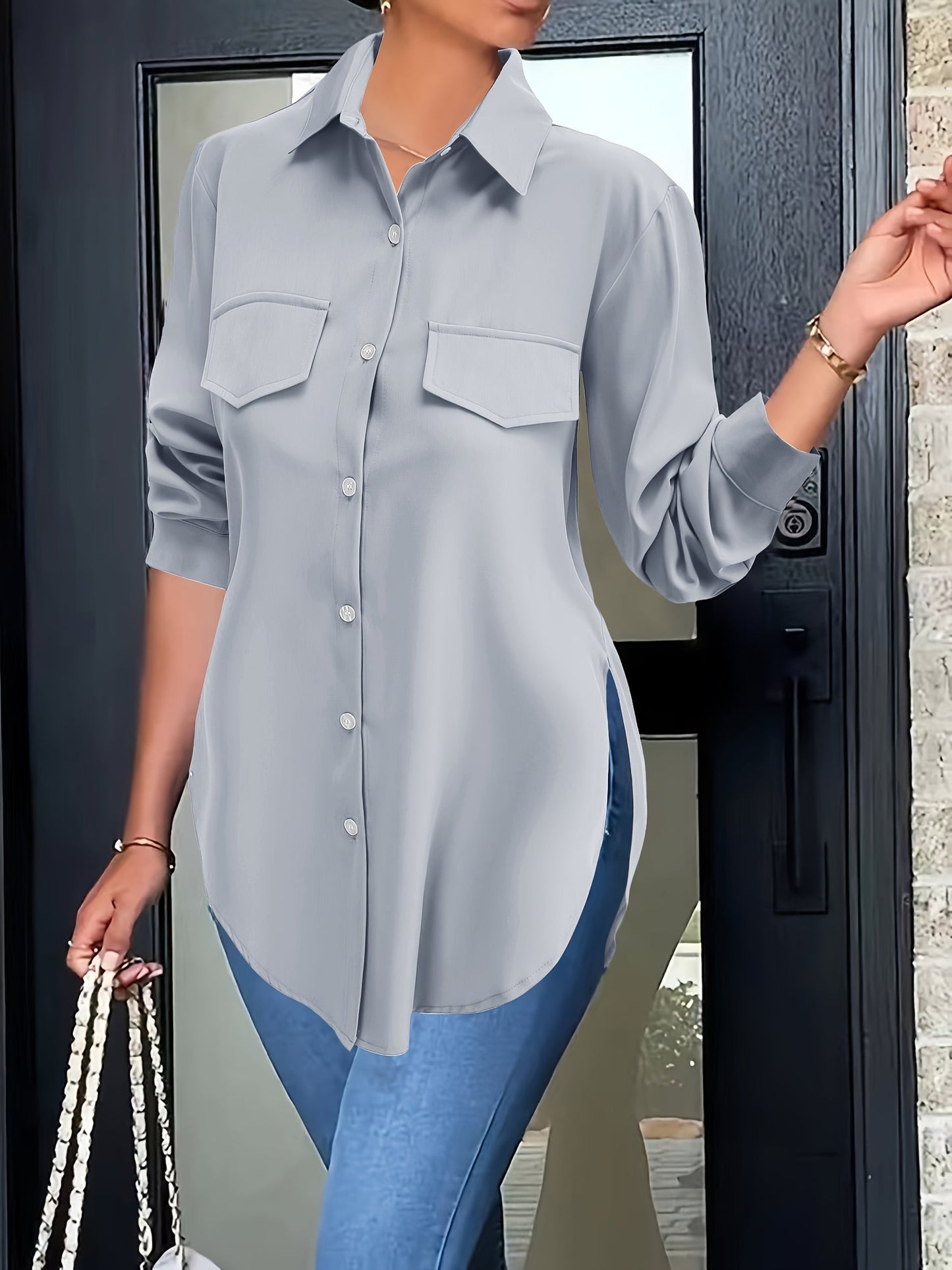 Camisa lisa con botones - Bolsillos falsos y material transpirable