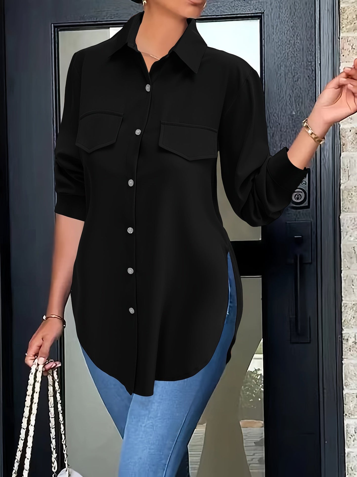 Camisa lisa con botones - Bolsillos falsos y material transpirable