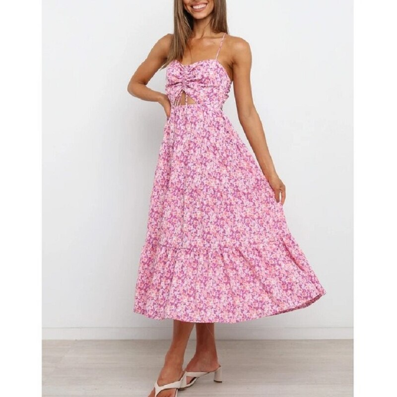 Vestido largo con estampado floral y tirantes finos para un look fresco
