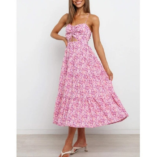 Vestido largo con estampado floral y tirantes finos para un look fresco