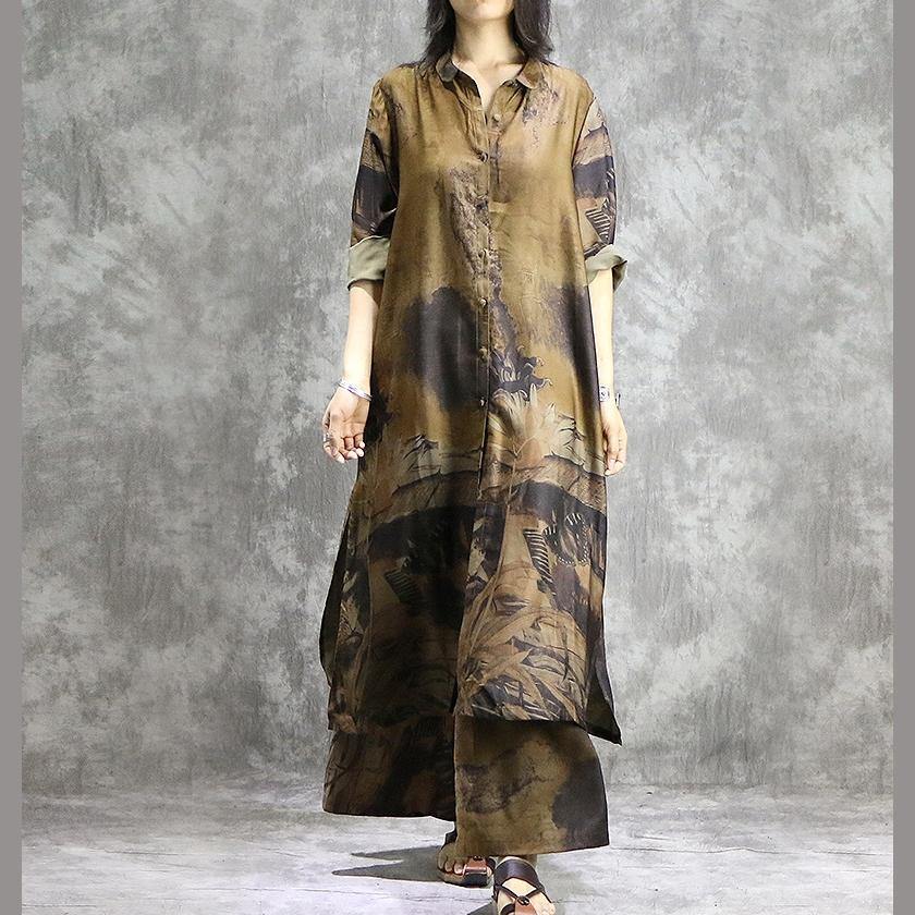 Pantalones-elegantes-con-piernas-anchas-túnica-de-seda-amarilla-vestido-dos-piezas-estampados-verano