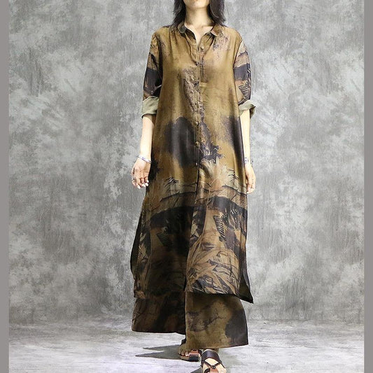 Pantalones-elegantes-con-piernas-anchas-túnica-de-seda-amarilla-vestido-dos-piezas-estampados-verano