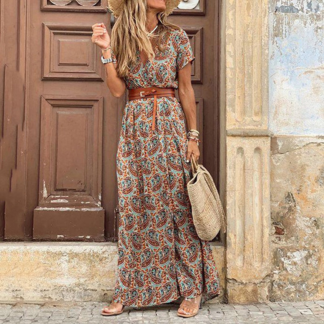 Elegante maxivestido boho con cuello en V