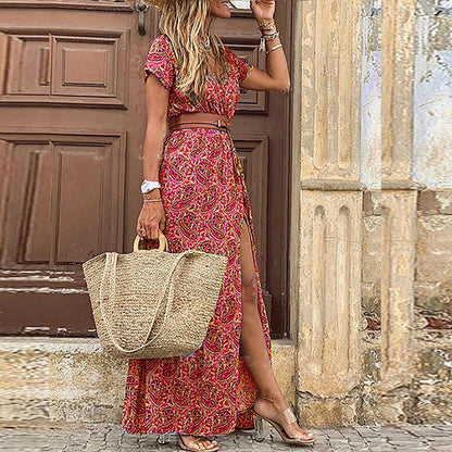 Elegante maxivestido boho con cuello en V