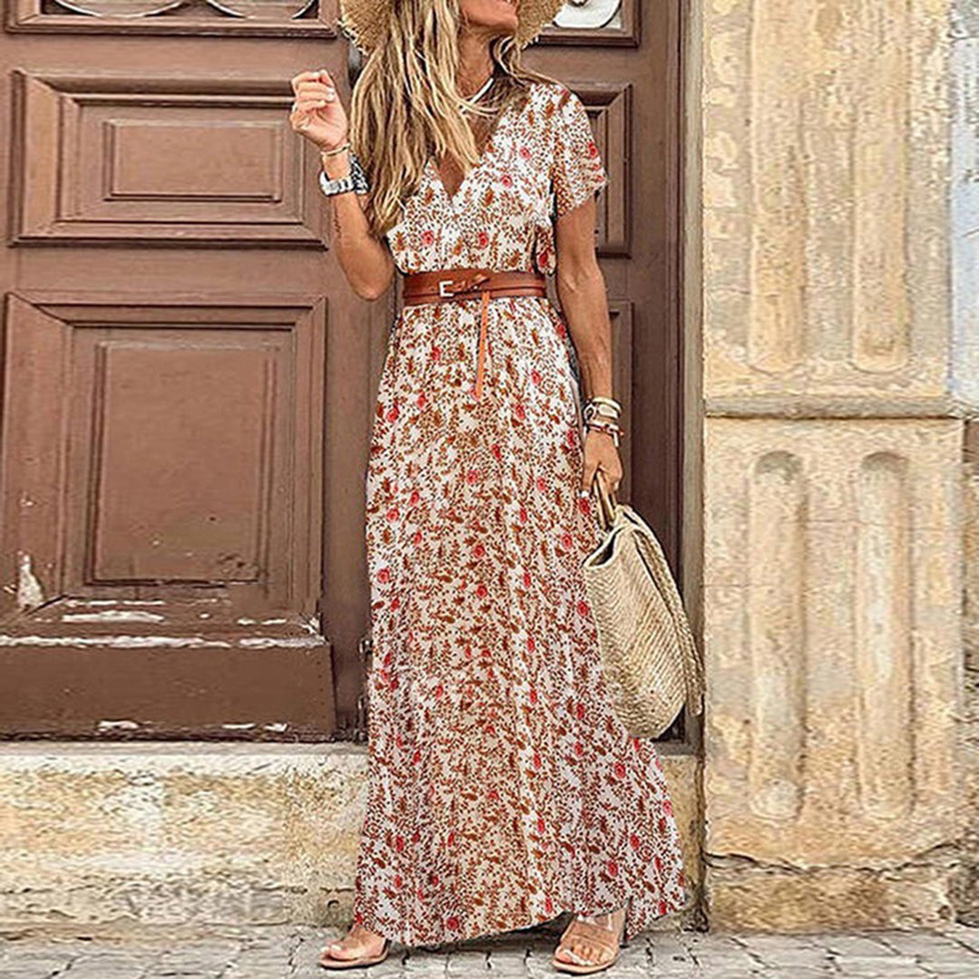 Elegante maxivestido boho con cuello en V