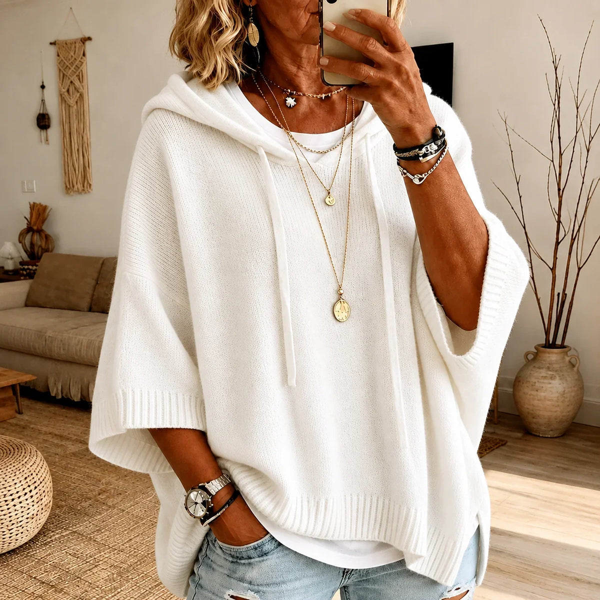 Damski Sweter Poncho z Kapturem Oversize Rękaw Nietoperz