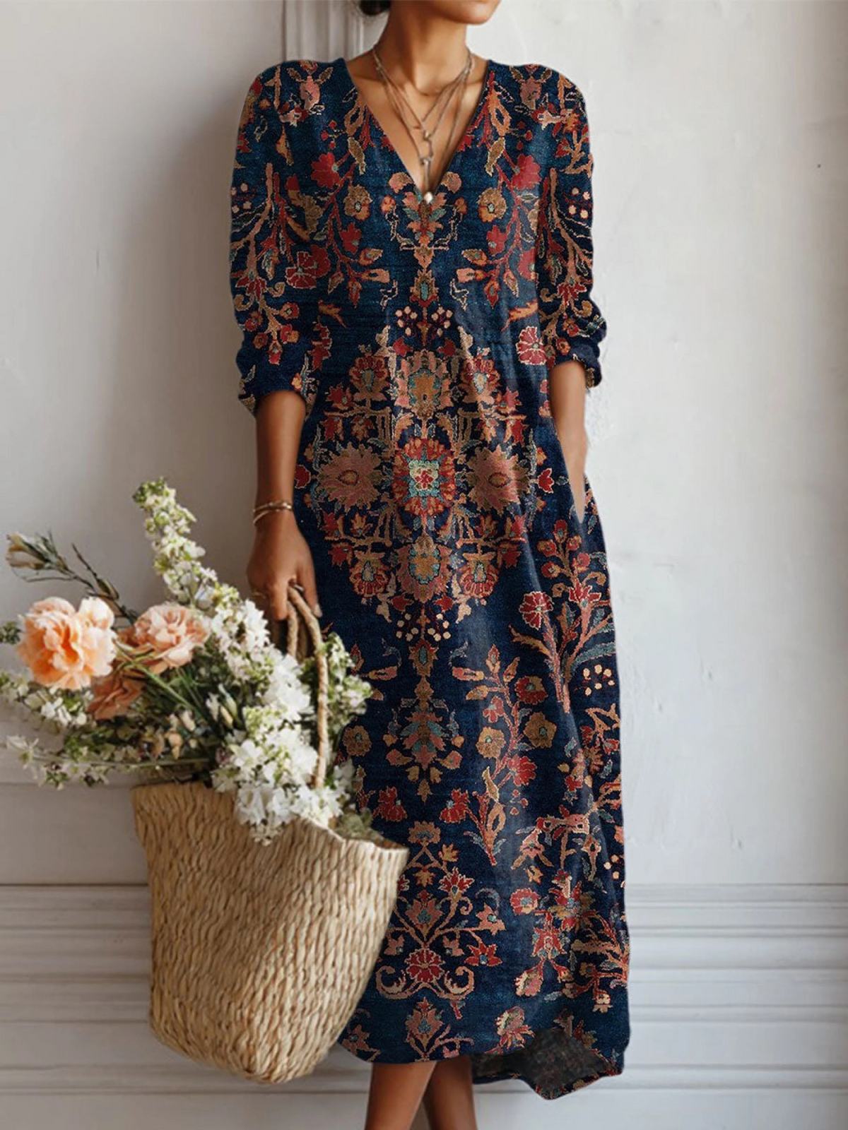 Damska Elegancka Sukienka Maxi W Kwiaty Luźny Krój