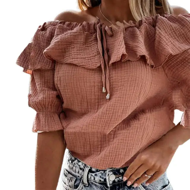IANNA | Blusa de mujer sin hombros con volantes y cordón para atar