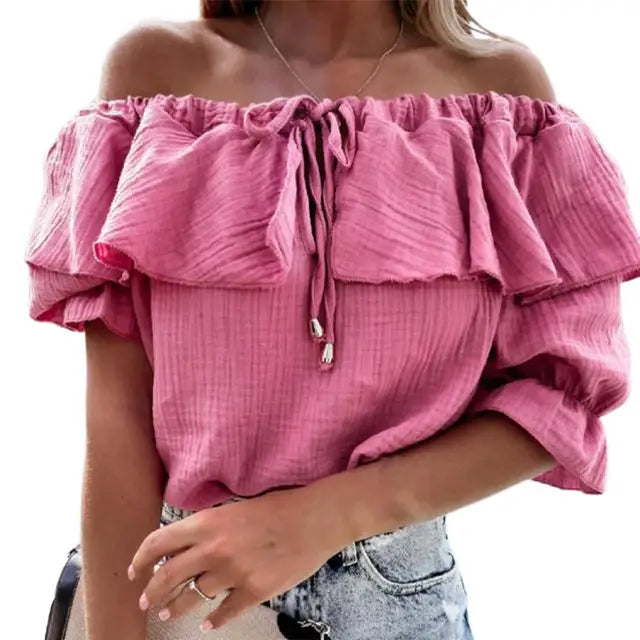 IANNA | Blusa de mujer sin hombros con volantes y cordón para atar