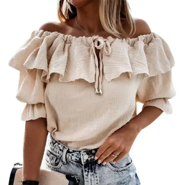 IANNA | Blusa de mujer sin hombros con volantes y cordón para atar
