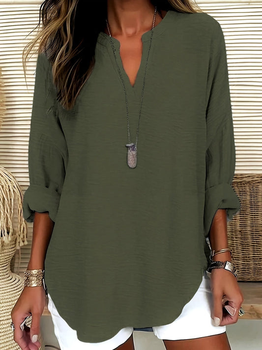 Blusa de cuello recortado - Diseño en V y ajuste de manga larga