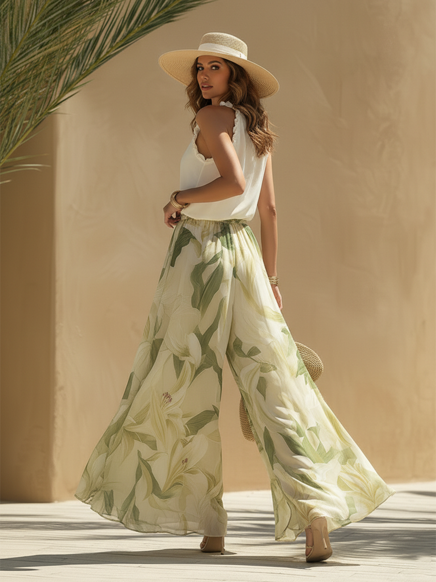 Damski komplet: top z dekoltem halter i szerokie spodnie