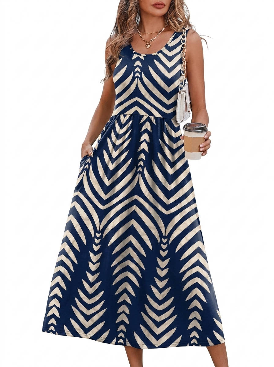 Damska Drukowana Sukienka Midi Bez Rękawów