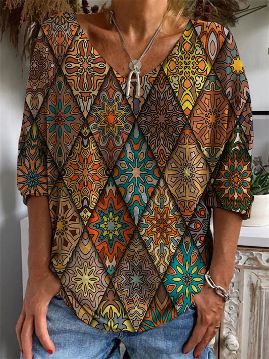 Camiseta de manga larga con estampado geométrico y cuello en V