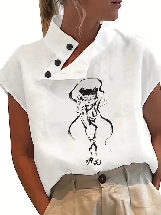 Camisa estampada de manga corta - Manga murciélago y tejido ligero