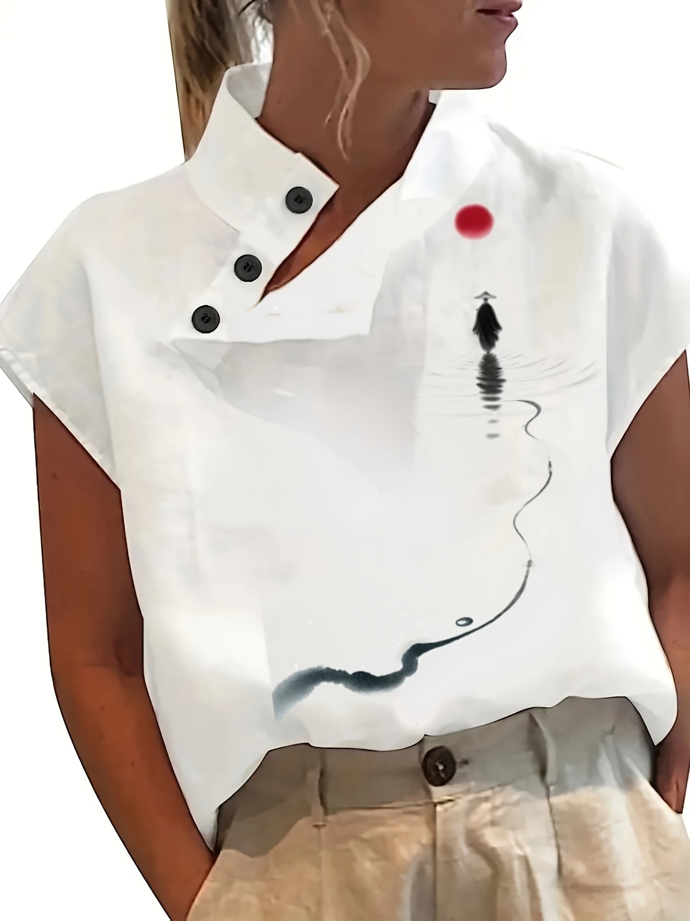 Camisa estampada de manga corta - Manga murciélago y tejido ligero