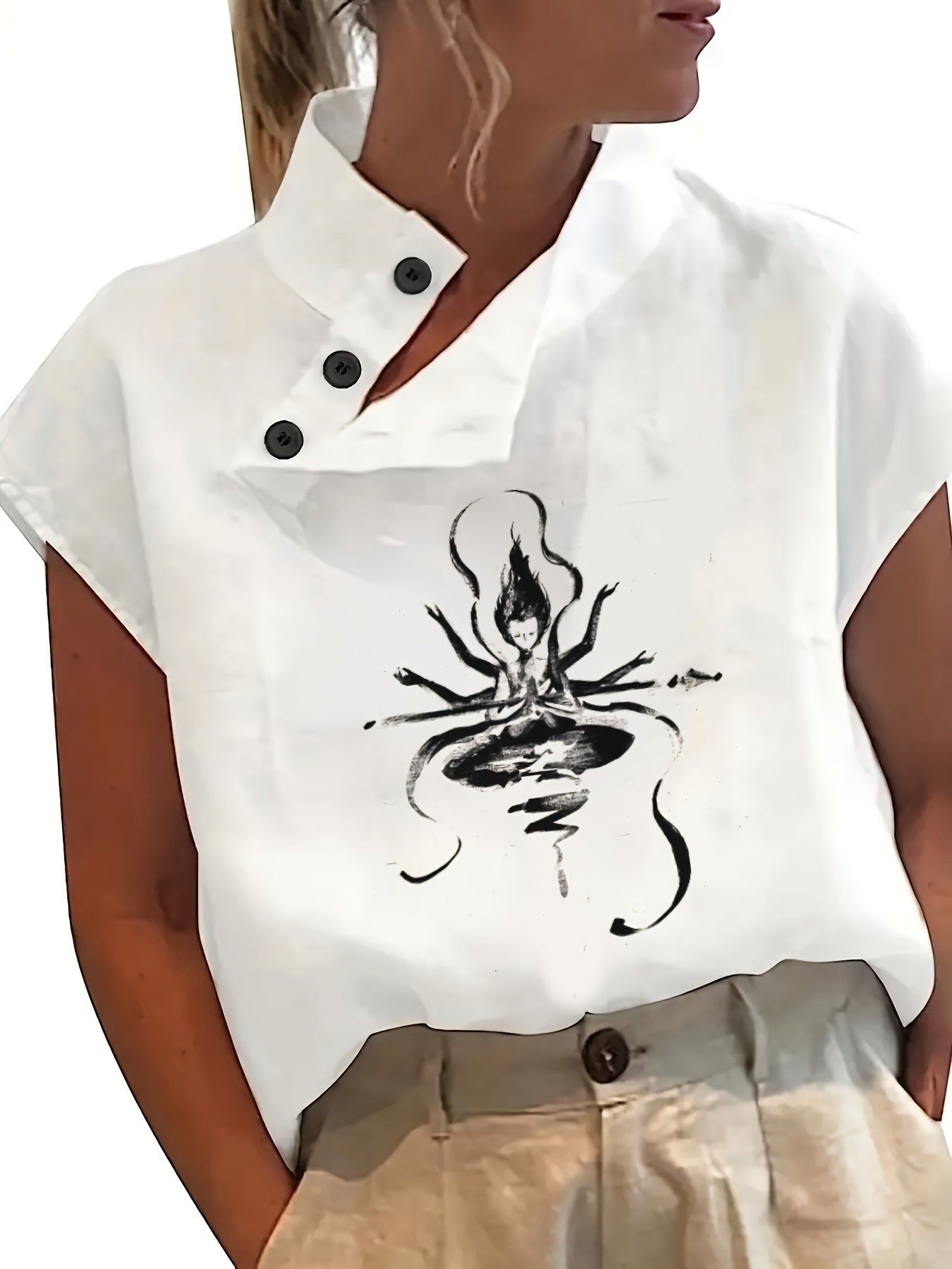 Camisa estampada de manga corta - Manga murciélago y tejido ligero