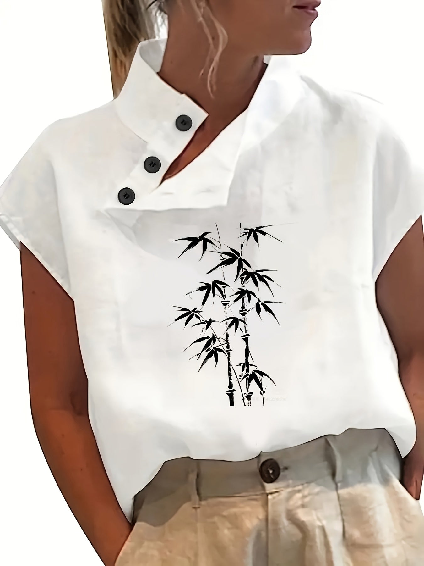 Camisa estampada de manga corta - Manga murciélago y tejido ligero
