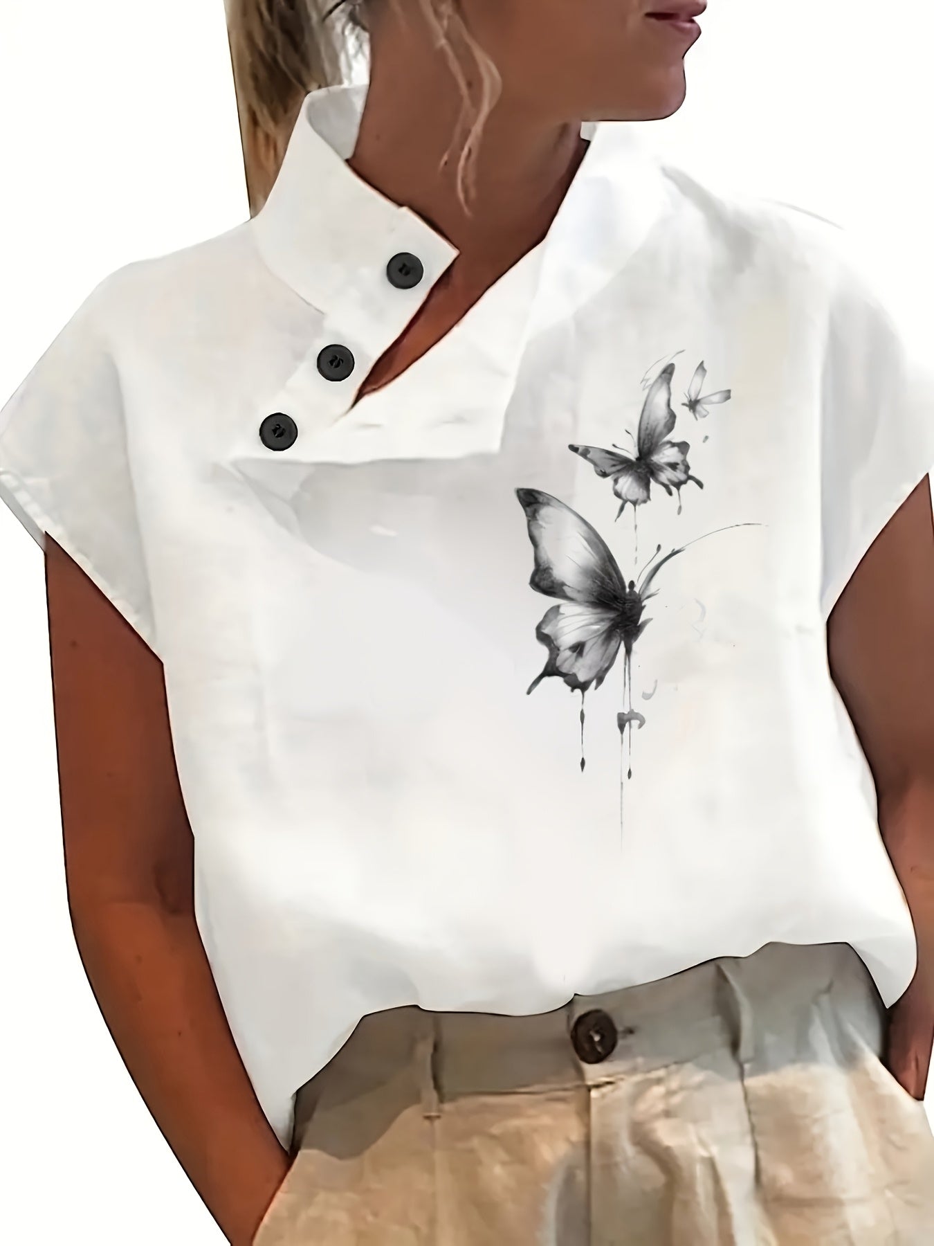 Camisa estampada de manga corta - Manga murciélago y tejido ligero