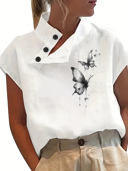 Camisa estampada de manga corta - Manga murciélago y tejido ligero