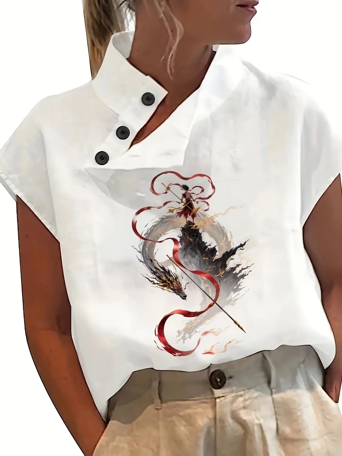 Camisa estampada de manga corta - Manga murciélago y tejido ligero