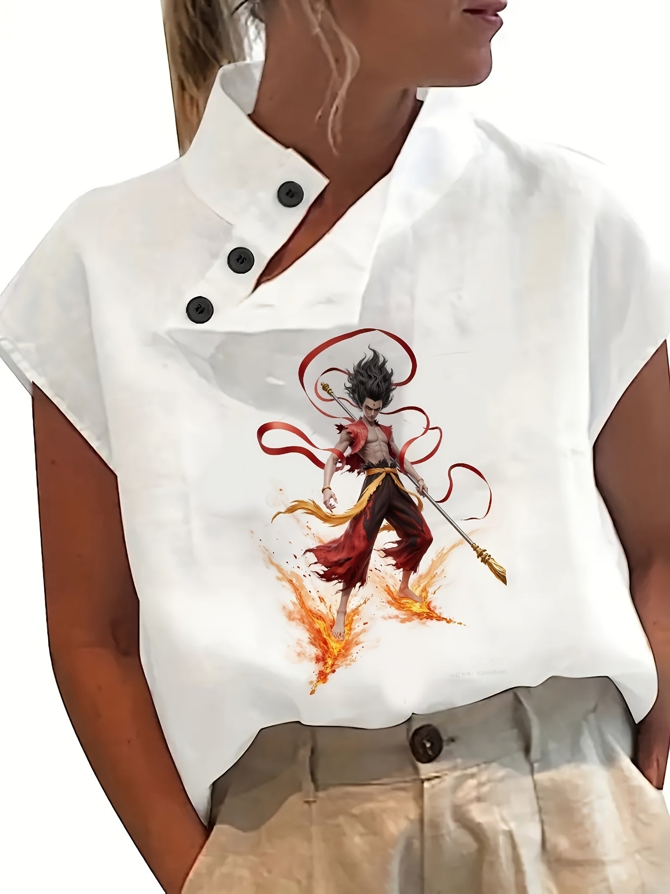 Camisa estampada de manga corta - Manga murciélago y tejido ligero