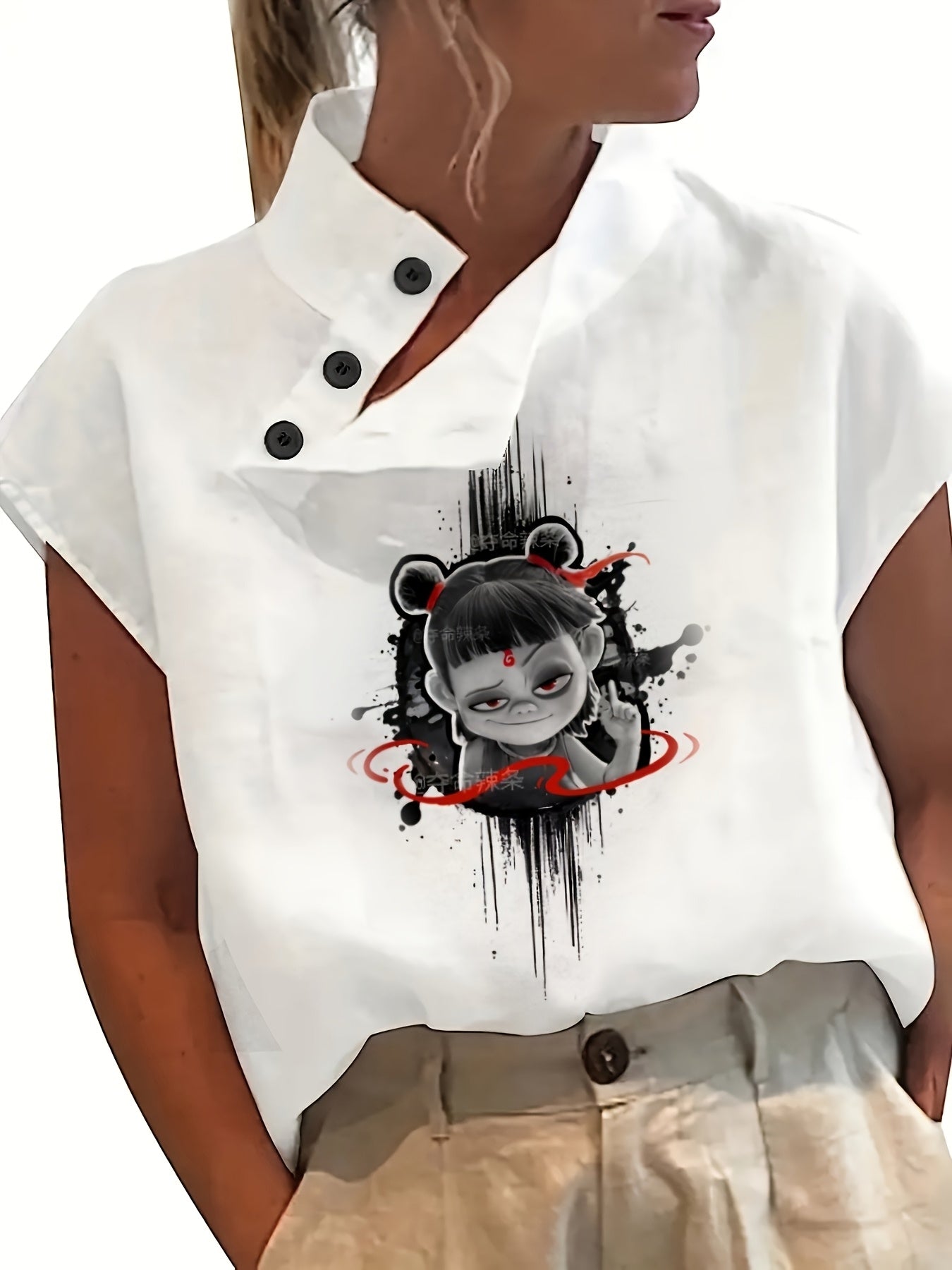 Camisa estampada de manga corta - Manga murciélago y tejido ligero