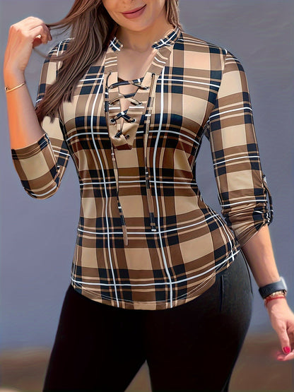 Blusa de cuadros con cordón - Diseño con cuello de pico y mangas largas