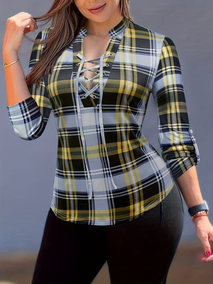 Blusa de cuadros con cordón - Diseño con cuello de pico y mangas largas