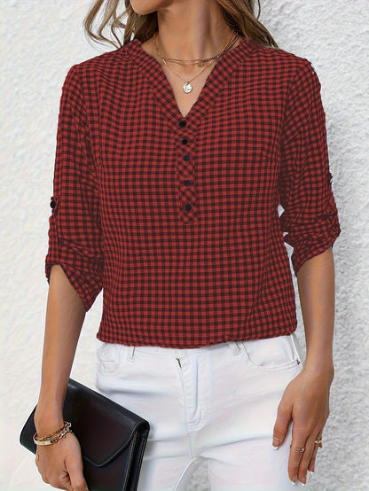 Blusa de cuadros con cuello en V - Mangas largas y cierre de botones