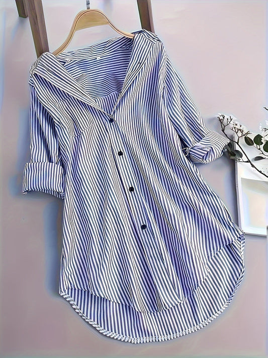 Camisa A Rayas Con Botones Delanteros - Dobladillo Curvo Y Mangas Largas