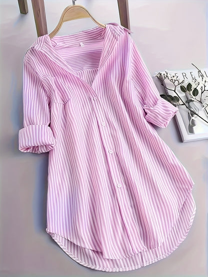 Camisa A Rayas Con Botones Delanteros - Dobladillo Curvo Y Mangas Largas