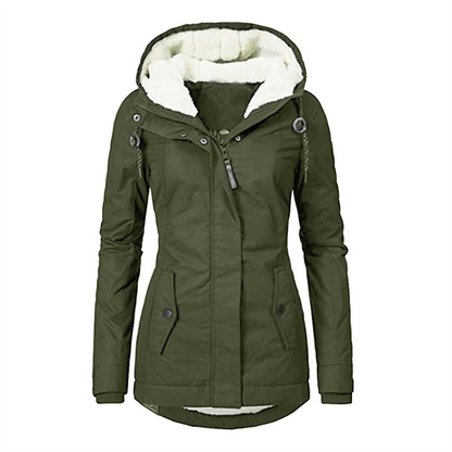 Elegante chubasquero con capucha, forro polar, cremallera y bolsillos para mujer | Ideal para otoño/invierno