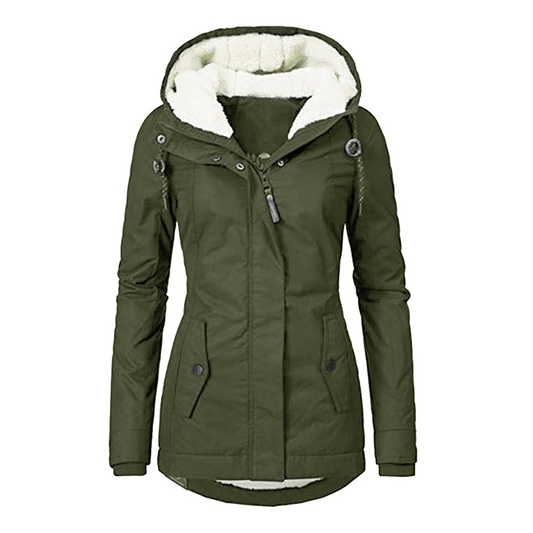 Elegante chubasquero con capucha, forro polar, cremallera y bolsillos para mujer | Ideal para otoño/invierno