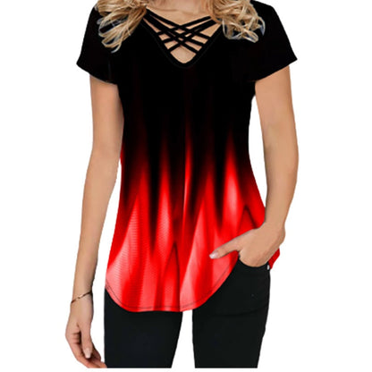 Casual gradiente de impresión cruzada V-cuello top de verano | Manga corta suelta camiseta