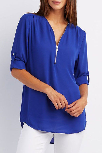 Más tamaño de cuello en V Zip Camisa de manga larga | Sexy Casual Blusa para Mujer