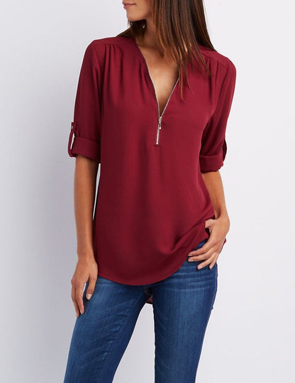 Más tamaño de cuello en V Zip Camisa de manga larga | Sexy Casual Blusa para Mujer