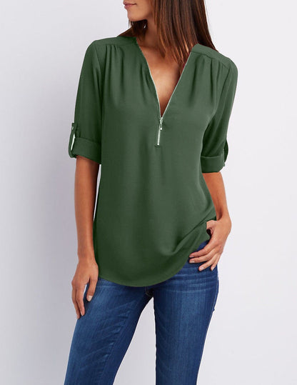 Más tamaño de cuello en V Zip Camisa de manga larga | Sexy Casual Blusa para Mujer
