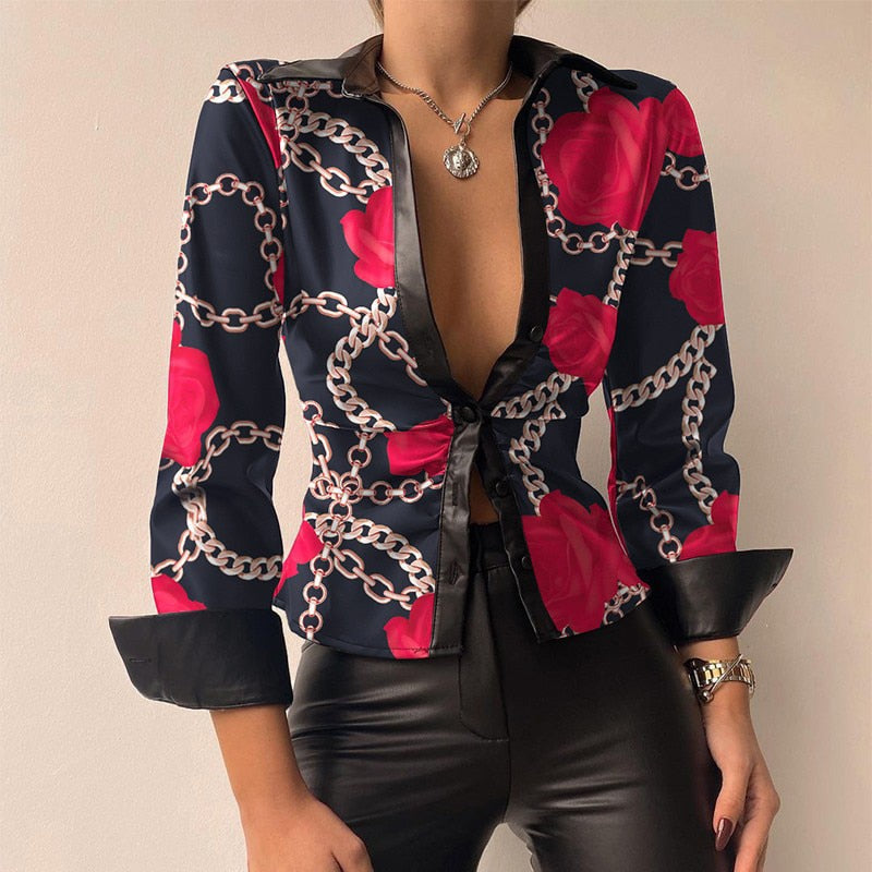 DANICA | Elegante blusa de cuero PU con estampado patchwork y cuello en V