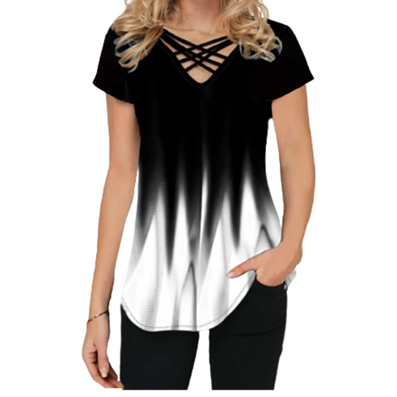 Casual gradiente de impresión cruzada V-cuello top de verano | Manga corta suelta camiseta