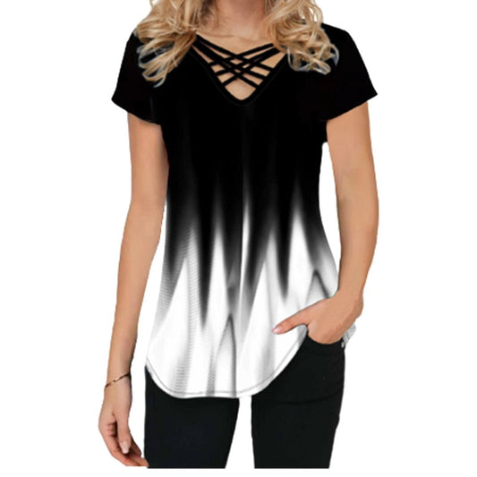 Casual gradiente de impresión cruzada V-cuello top de verano | Manga corta suelta camiseta