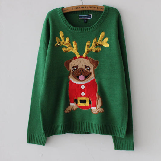 Mariam | Cálido jersey de punto con lentejuelas bordadas de perro carlino navideño para mujer