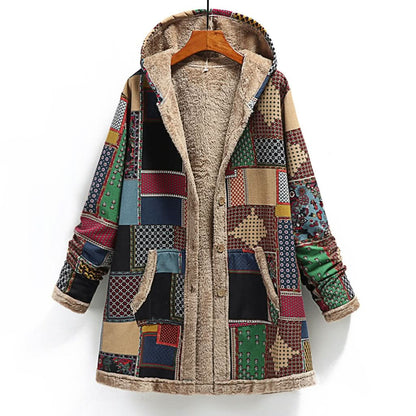 Lujosa, elegante y cálida chaqueta con capucha de patchwork de piel de oveja para mujer