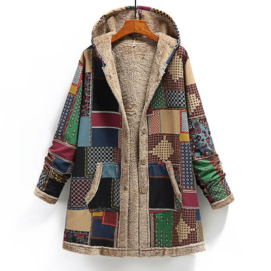 Lujosa, elegante y cálida chaqueta con capucha de patchwork de piel de oveja para mujer