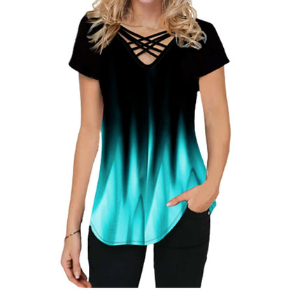Casual gradiente de impresión cruzada V-cuello top de verano | Manga corta suelta camiseta