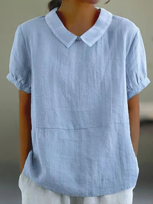Aireada blusa de lino para mujer de manga corta con cuello abullonado