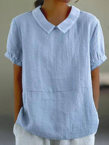 Aireada blusa de lino para mujer de manga corta con cuello abullonado